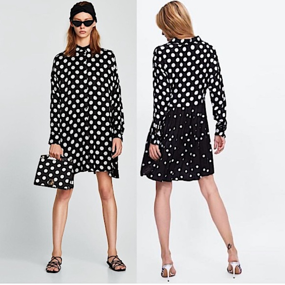 Zara Polka Dot‎ Long Sleeve Pleated Back Shirt Dress, Black & White, Size XS